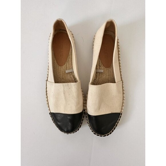 J.‎ Crew Factory | Classic Beige Canvas Black Leather Cap Espadrilles SP21 Sz 7 - Picture 1 of 9